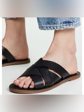 Madewell Sandals Women Sz 11 Boardwalk Woven Slides black leather Slip On Flats